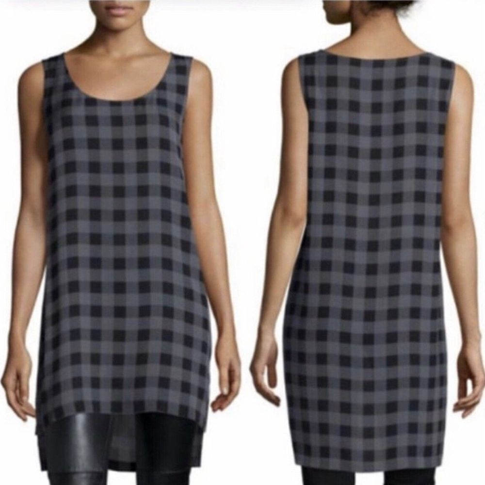 Eileen Fisher Buffalo Check Plaid Silk Tunic Top Black Gray